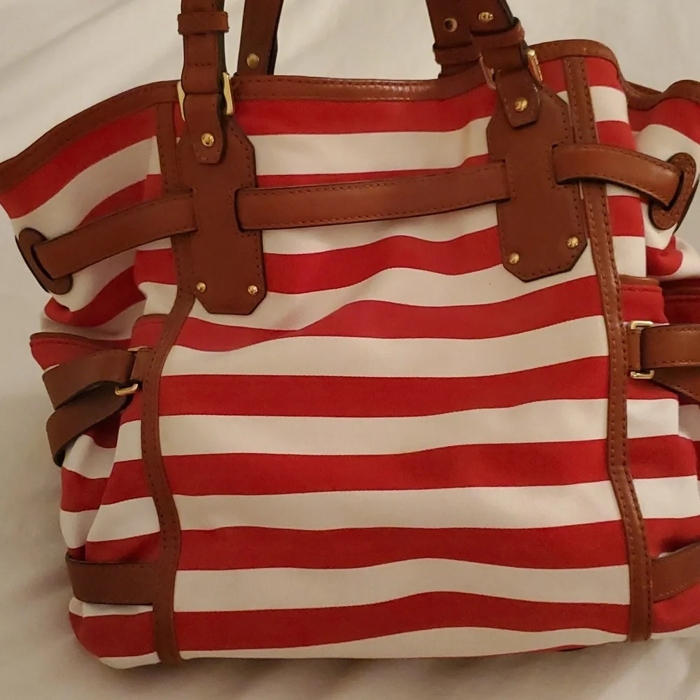 Michael Kors Gansevort canvas Purse Tote Striped red white - Picture 7 of 11